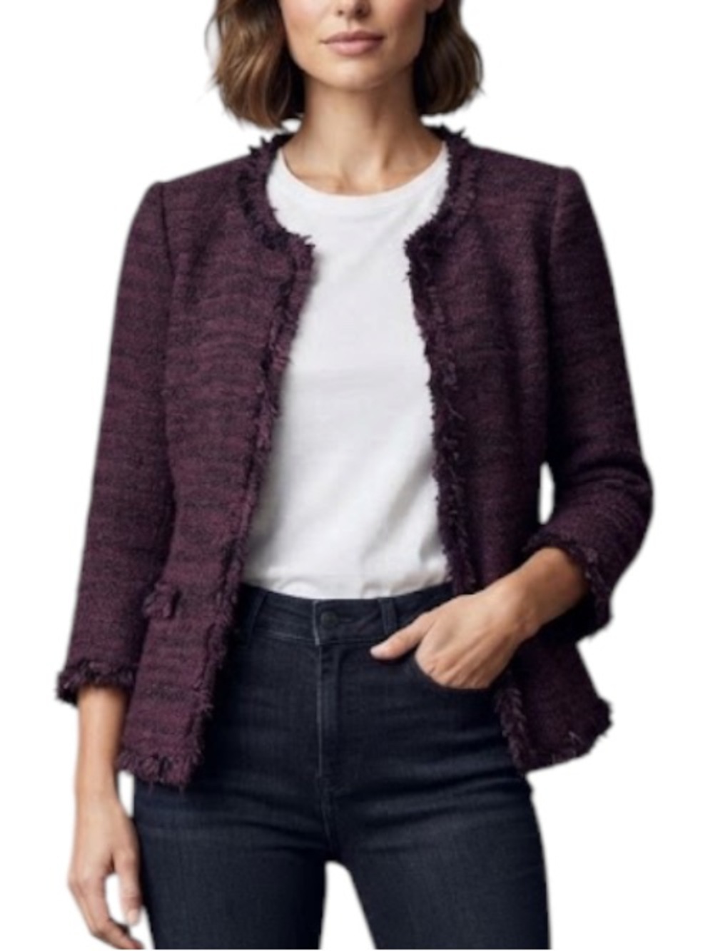 CLEO Petite Maroon Tweed Fringe Jacket Size 6P Dark Academia Mulberry Blazer